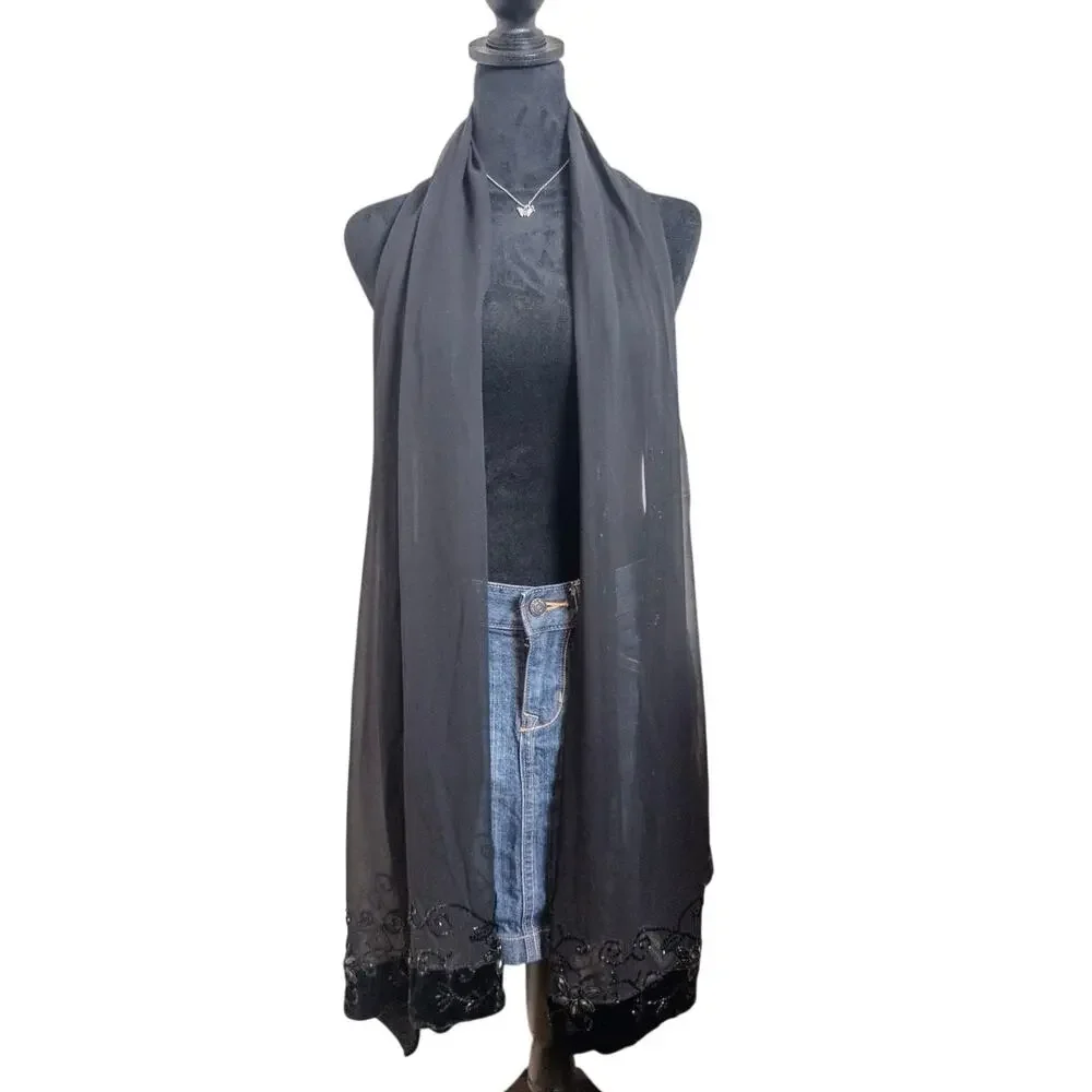 Lauren Ralph Lauren Silk Beaded Velvet Trim Shawl Scarf Black
